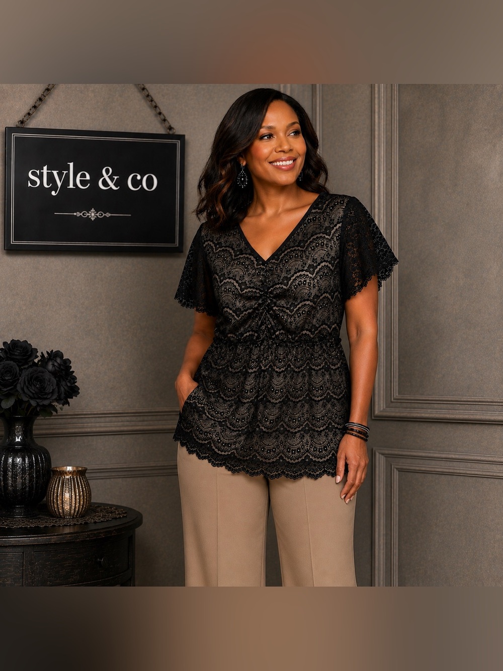 Style & Co. Black Lace V-Neck Peplum Blouse (1X)